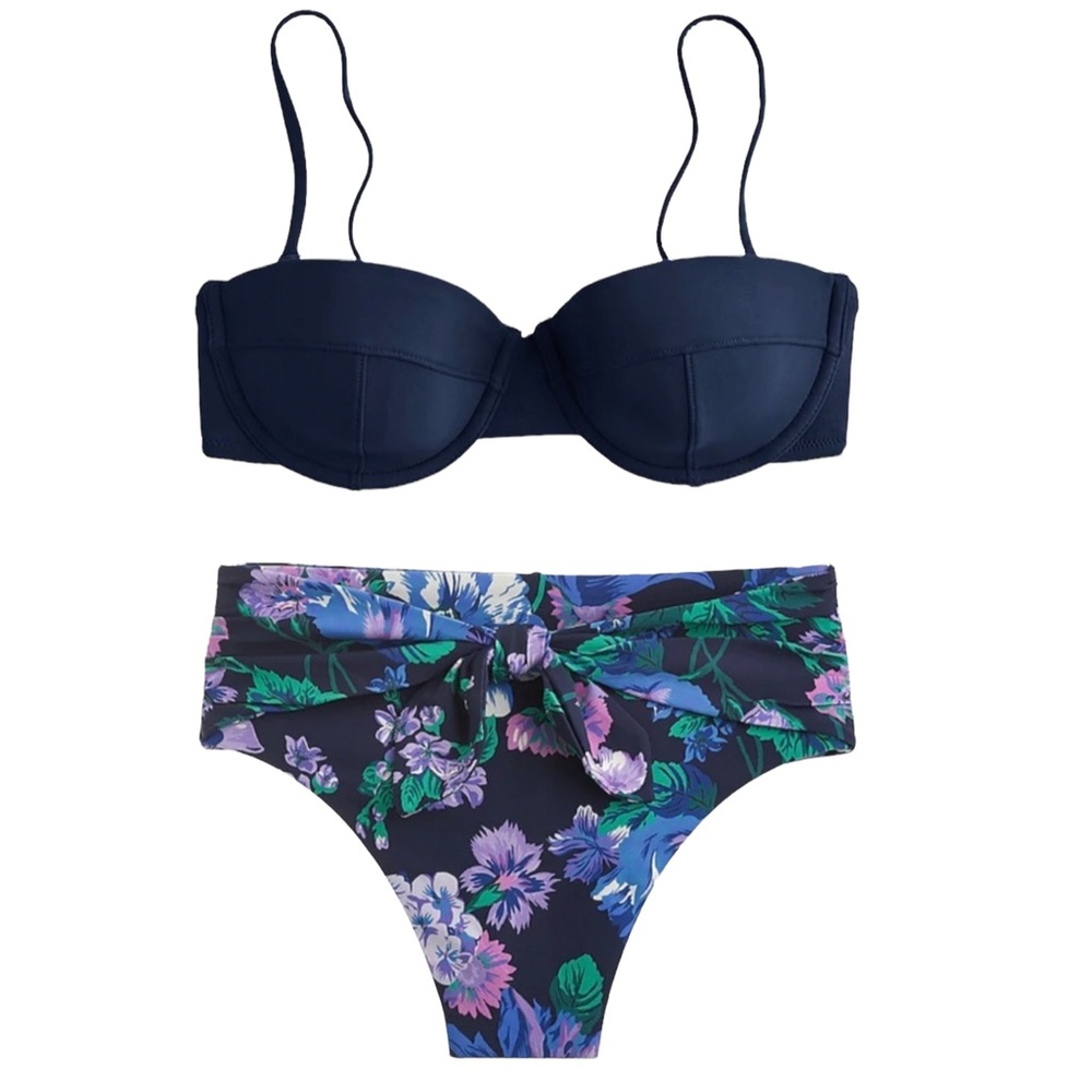 J Crew Underwire High cut Tie waist Bikini in Navy Retro Floral NWT